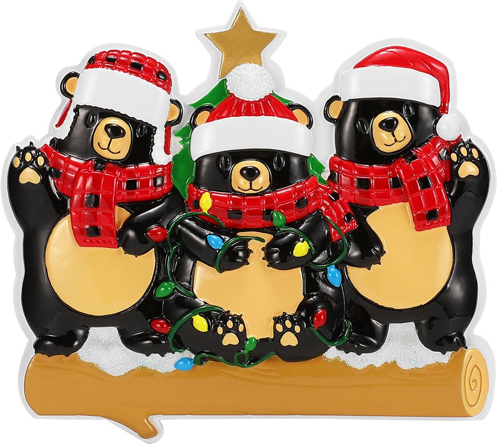 Bear Family in Scarves & Santa Hats Personalized Ornament