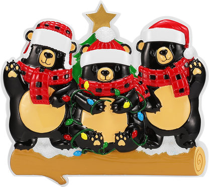Bear Family in Scarves & Santa Hats Personalized Ornament