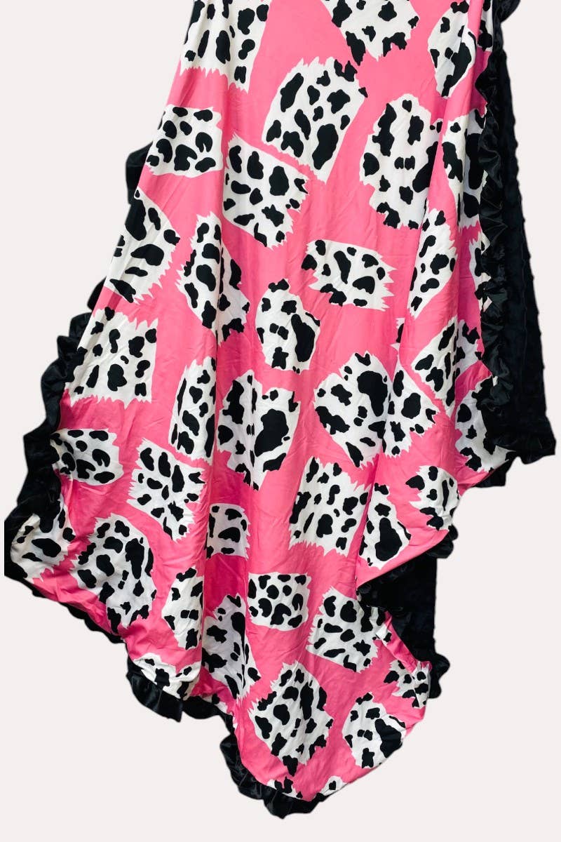 Leopard printed ruffle reversible minky baby banket