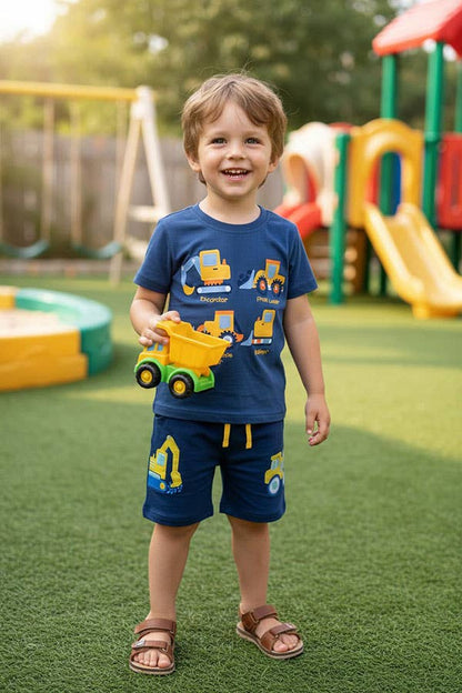 Construction truck top & embroidery shorts boy set
