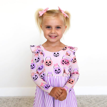 Emmy RUFFLE LONG SLEEVE DRESS Halloween Pumpkins Kids Outfit