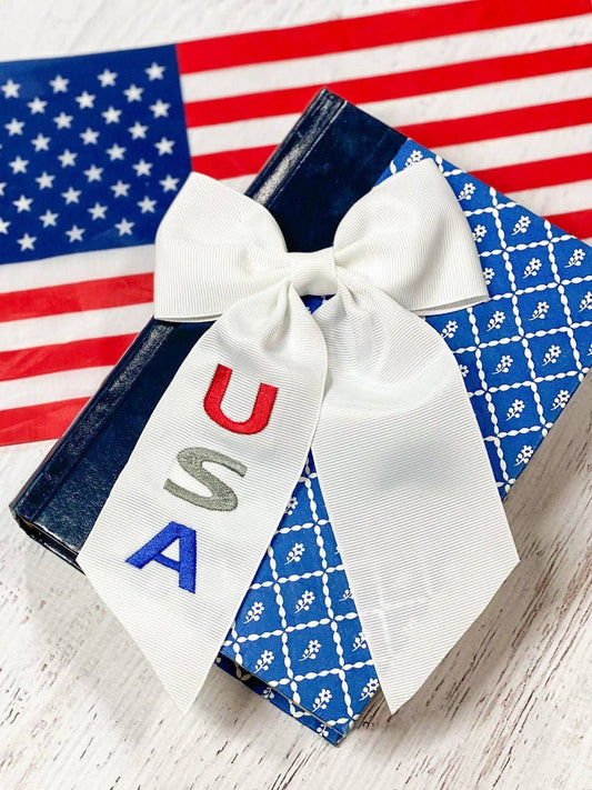 USA Embroidered Longtail Hair Bow | Clip Only