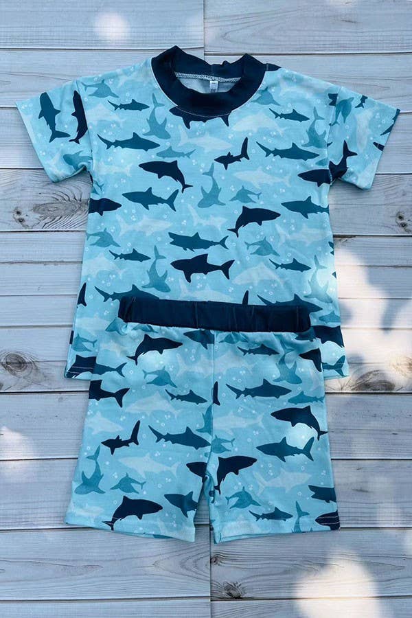Western shark print top & shorts boy's boutique sets DLH2864