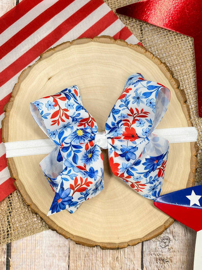 Red White & Blue Floral Classic Hair Bow | Clip or Headband