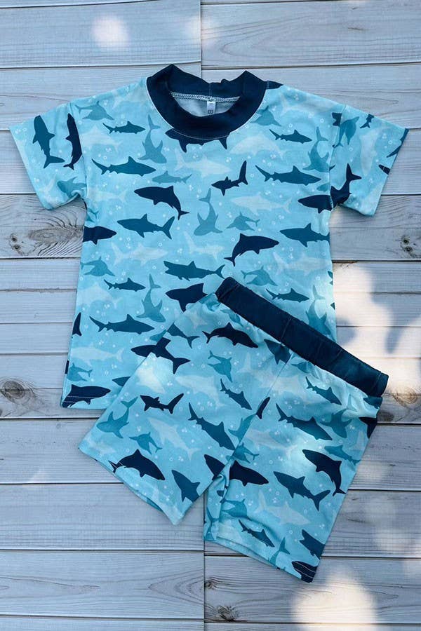 Western shark print top & shorts boy's boutique sets DLH2864