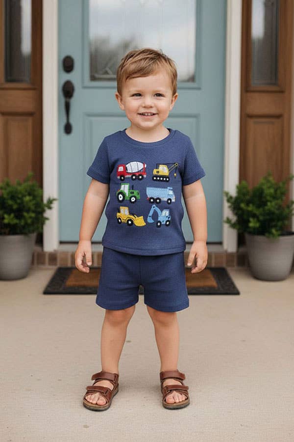 Western vehicle top & blue shorts boys boutique set