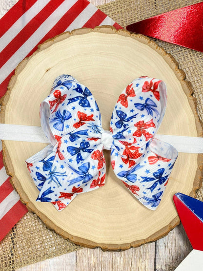 Red White & Blue Bow Print Classic Hair Bow | Clip or Headband