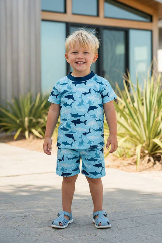 Western shark print top & shorts boy's boutique sets