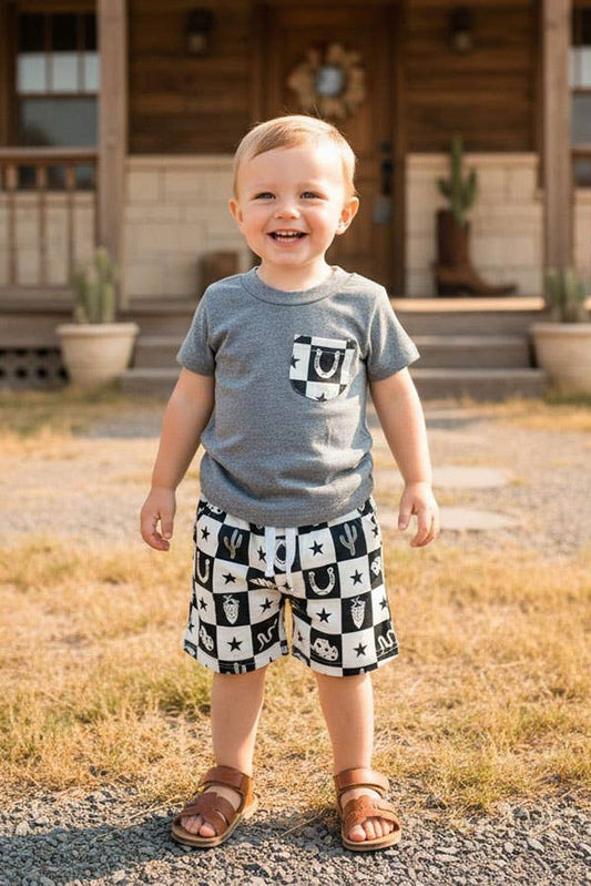 Western cowboy grey top shorts boy's boutique set 2601085M