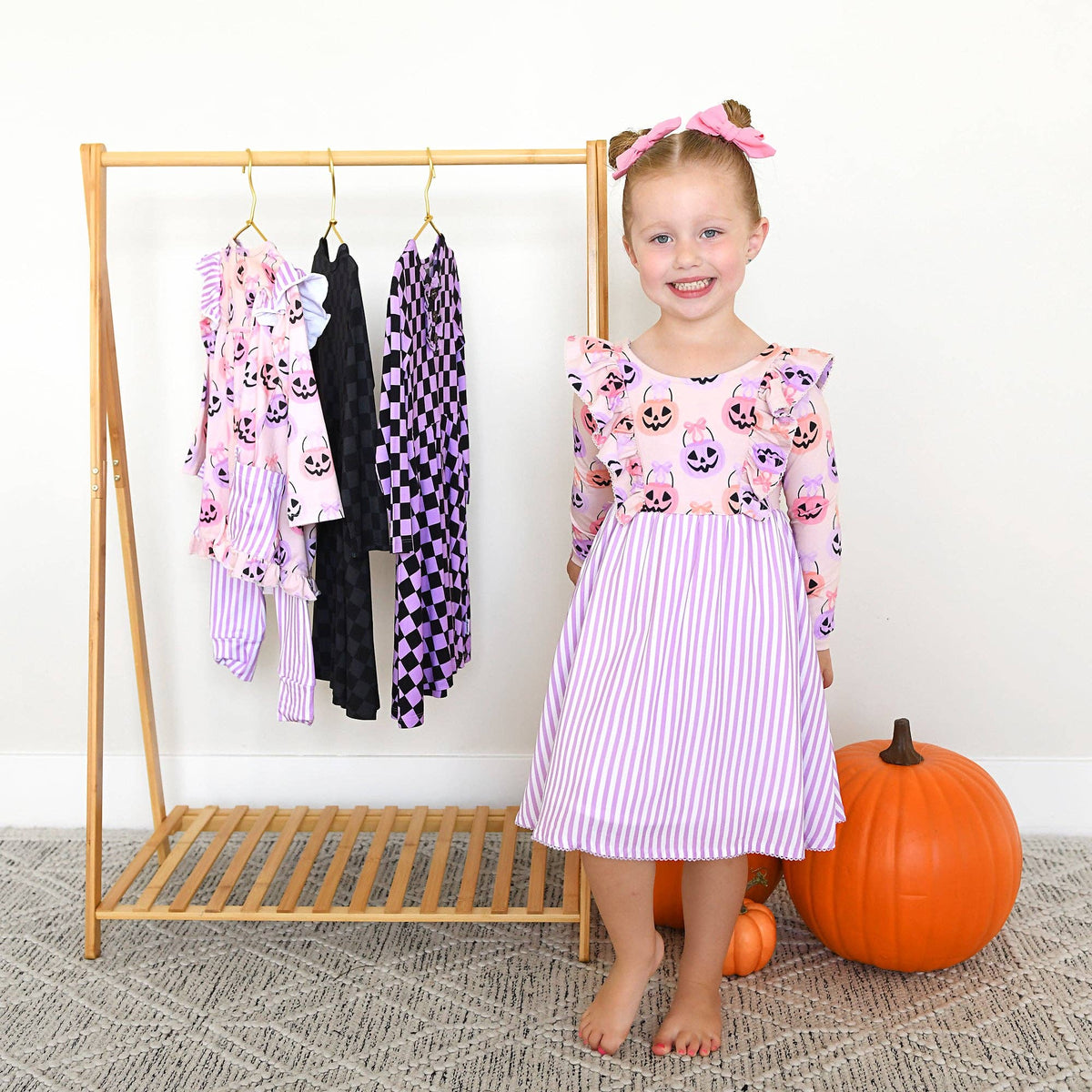 Emmy RUFFLE LONG SLEEVE DRESS Halloween Pumpkins Kids Outfit