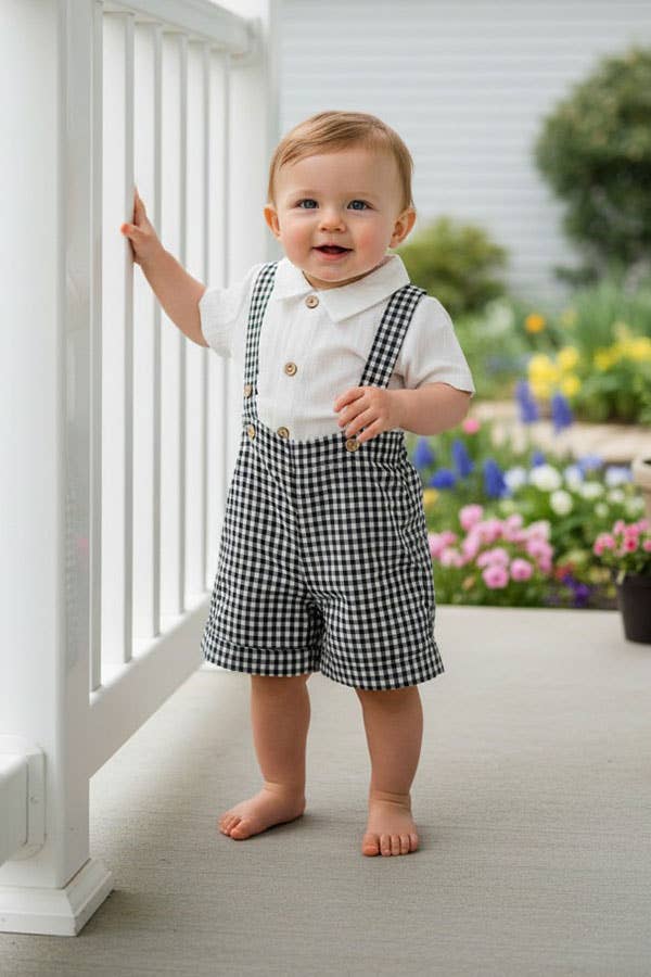 White onesie & suspender shorts & bow tie boy's set 2601012M