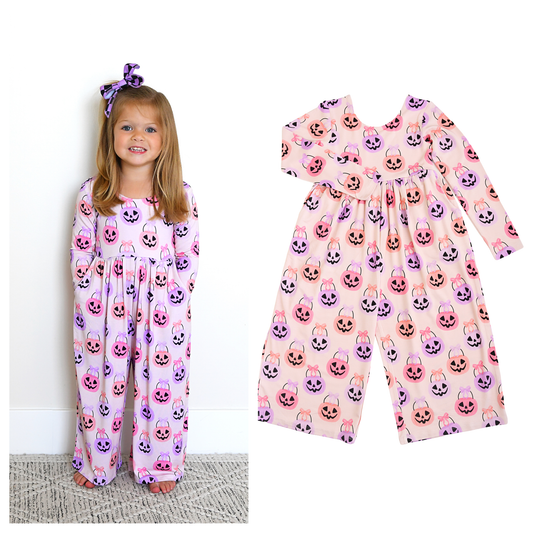 Emmy WIDE LEG ROMPER Bamboo Halloween Pumpkins Kids Outfit