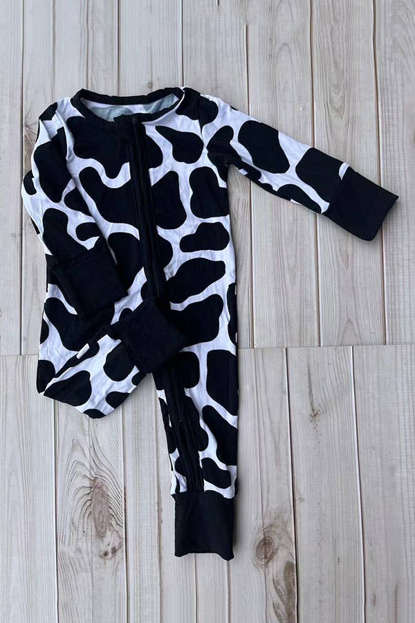 Bamboo cow printed long sleeve zipper baby romper DLH2885