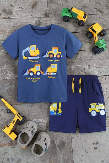 Construction truck top & embroidery shorts boy set
