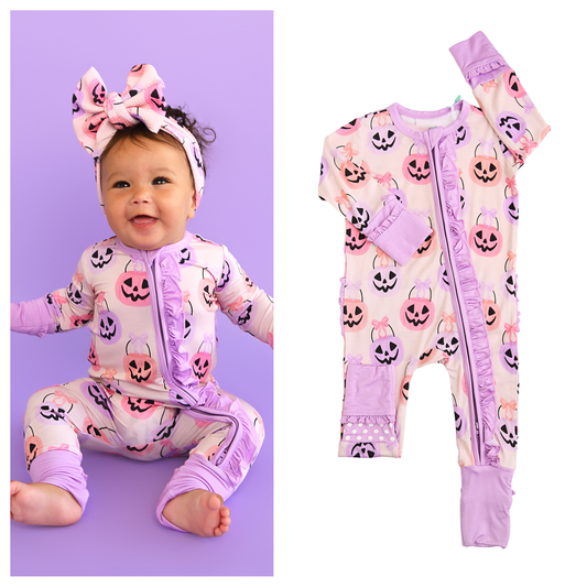 Emmy RUFFLE ZIP Bamboo Halloween Pumpkins Baby Outfit