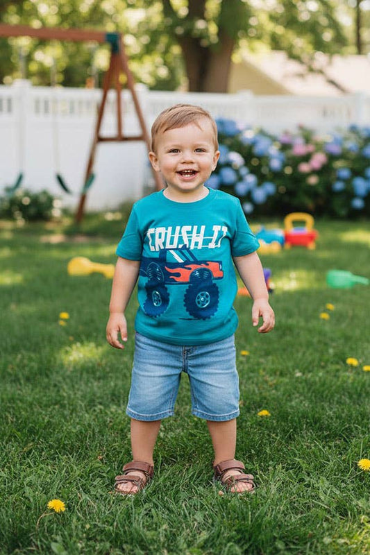 CRUSH IT & monster truck teal boy's t-shirt
